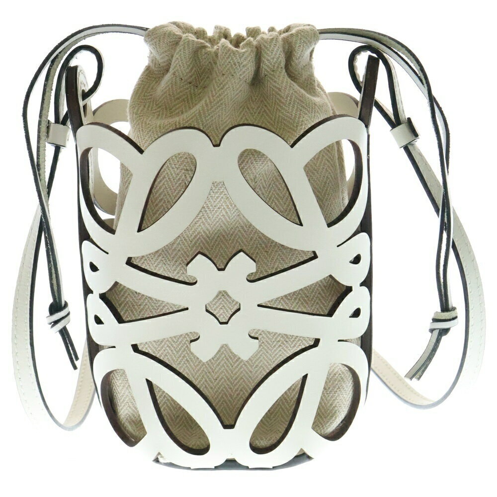 LOEWE Anagram Cutout Pocket Shoulder Bag Phone White Canvas Leather